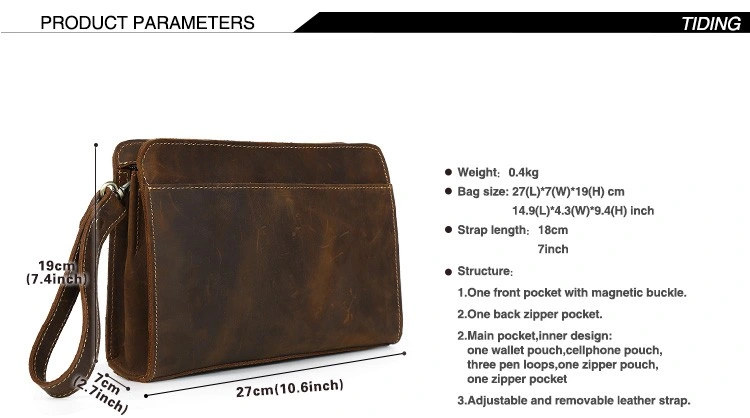 Custom Vintage Brown Men Crazy Horse Top Grain Genuine Leather Clutch Bag Phone Wallets for Men